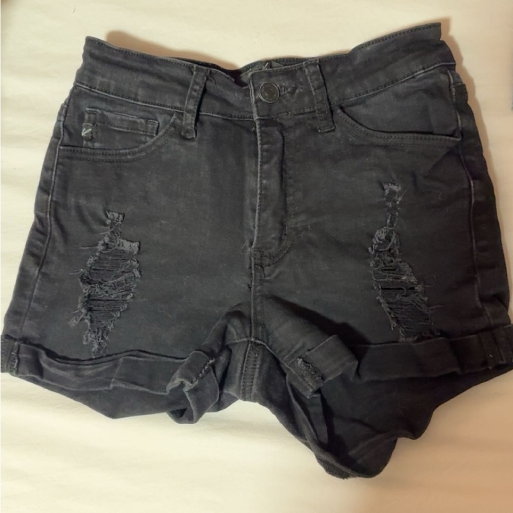 High Waisted Black Jean Shorts with Distressing